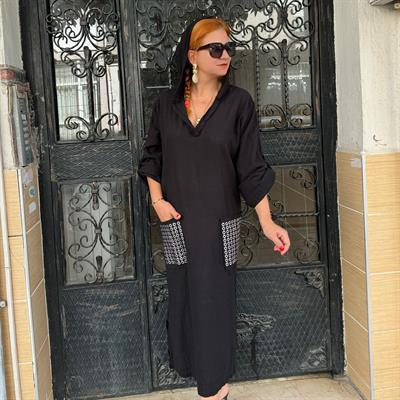 8040 PREMIUM İTALYAN PAMUKLU CEP DETAY KAPŞONLU ELBİSE 44 BEDENE KADAR UYUMLUDUR SİYAH boyum 1.64