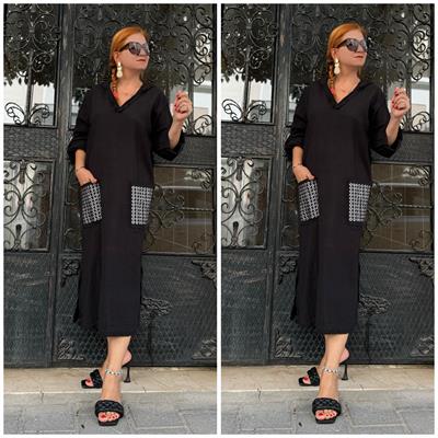 8040 PREMIUM İTALYAN PAMUKLU CEP DETAY KAPŞONLU ELBİSE 44 BEDENE KADAR UYUMLUDUR SİYAH boyum 1.64