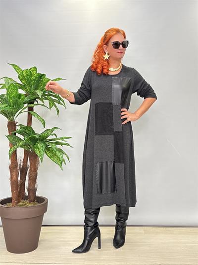 8060 Deri ve Dantel Detay Elbise Gri 