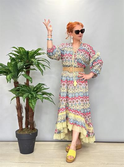 8070 Tül Detay Asimetrik Elbise