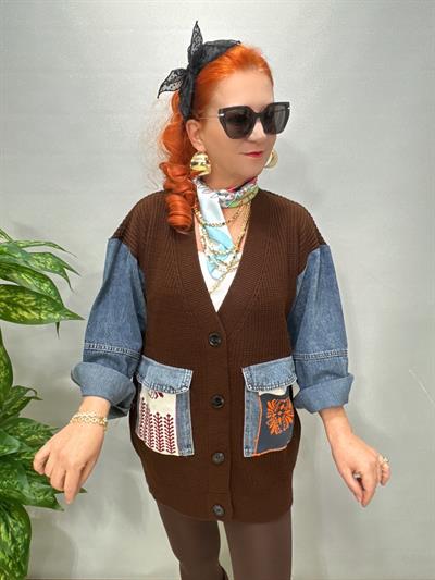 8523 Tasarım Jean Detaylı Hırka Kahve