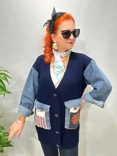 8523 Tasarım Jean Detaylı Hırka Lacivert