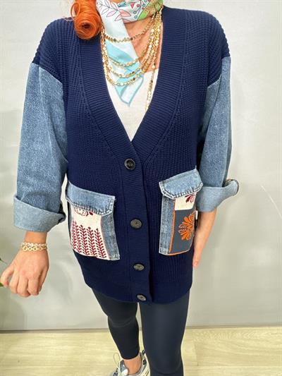 8523 Tasarım Jean Detaylı Hırka Lacivert
