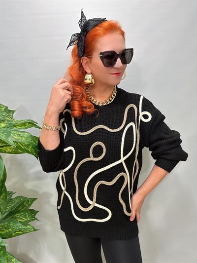 8545 Italyan Örgü Detay Tasarım Kazak Siyah