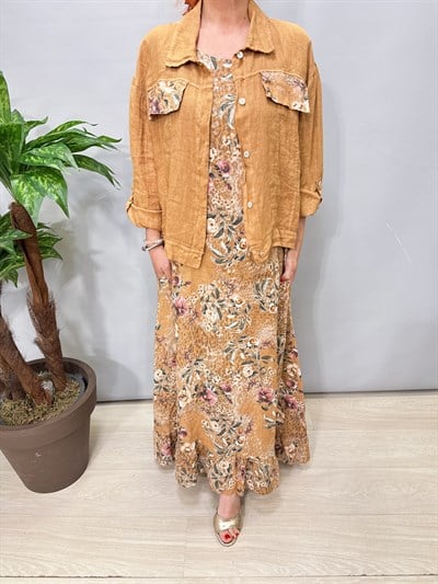 8590 Italyan Ham Keten Ceketli Elbise Camel