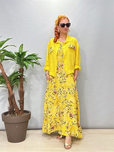 8590 Italyan Ham Keten Ceketli Elbise Sarı