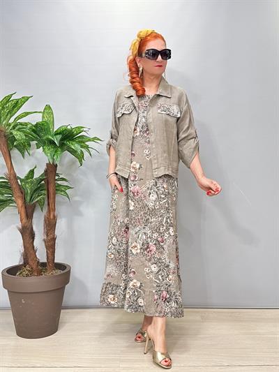 8590 Italyan Ham Keten Ceketli Elbise Vizon