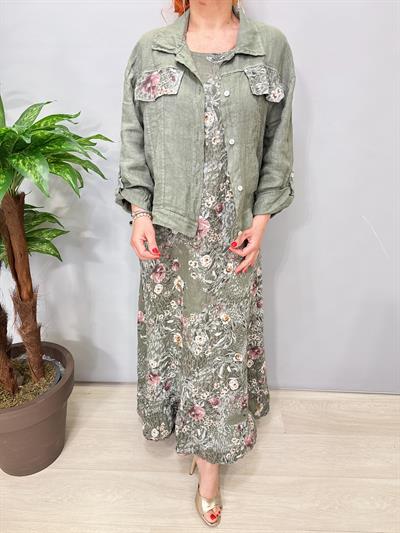 8590 Italyan Ham Keten Ceketli Elbise Haki 