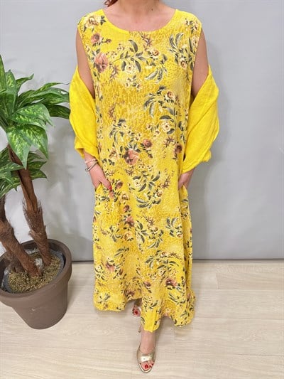 8590 Italyan Ham Keten Ceketli Elbise Sarı