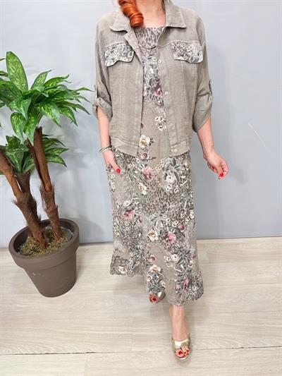 8590 Italyan Ham Keten Ceketli Elbise Vizon