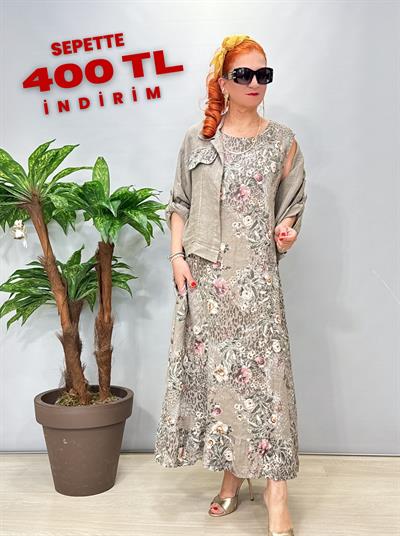 8590 Italyan Ham Keten Ceketli Elbise Vizon