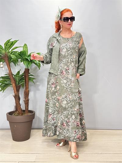 8590 Italyan Ham Keten Ceketli Elbise Haki 