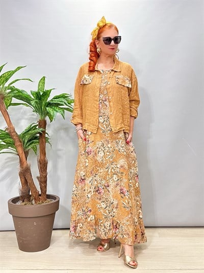 8590 Italyan Ham Keten Ceketli Elbise Camel