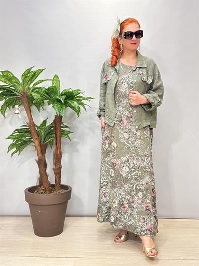 8590 Italyan Ham Keten Ceketli Elbise Haki 