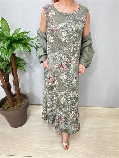 8590 Italyan Ham Keten Ceketli Elbise Haki 