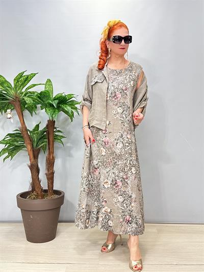 8590 Italyan Ham Keten Ceketli Elbise Vizon