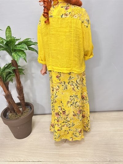 8590 Italyan Ham Keten Ceketli Elbise Sarı