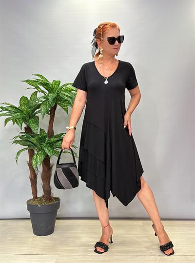 8750 Asimetrik Model Tül Detay Elbise Siyah
