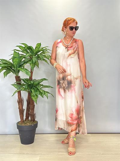 8822 Italyan İpek Elbise Ekru