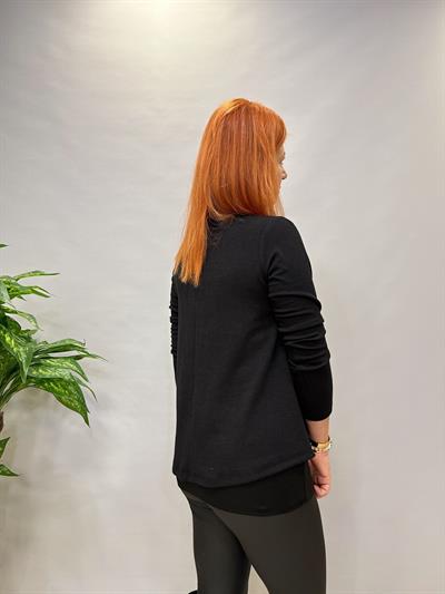 8989 TASARIM DERİ DETAY  BLUZ SİYAH