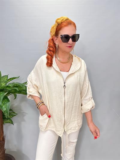 9080 Italyan Ham Keten Ceket Krem