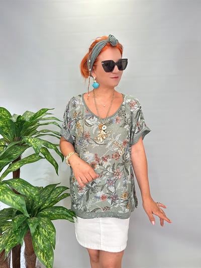 9087 Italyan Desenli Bluz Haki