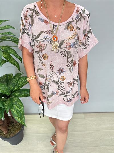 9087 Italyan Desenli Bluz Pudra