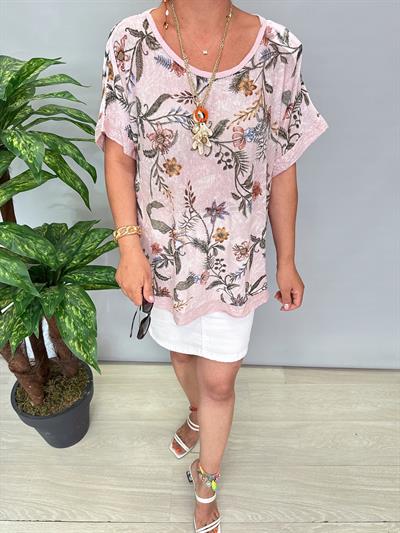 9087 Italyan Desenli Bluz Pudra