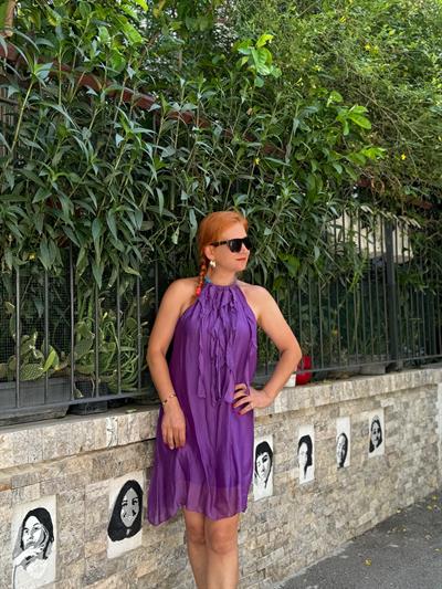 90939 PREMIUM İTALYAN İPEK TASARIM ELBİSE MOR  36/44 BEDEN UYUMLUDUR boyum 1.64