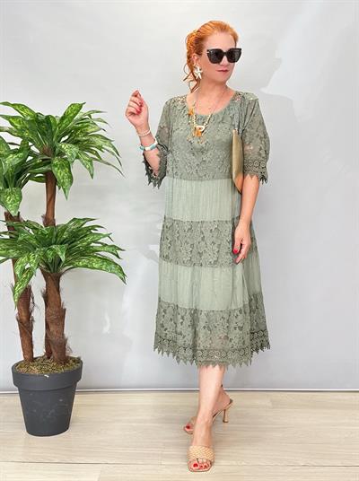 ASL 9710 Italyan Fisto ve Dantel Detay İpek Elbise Haki