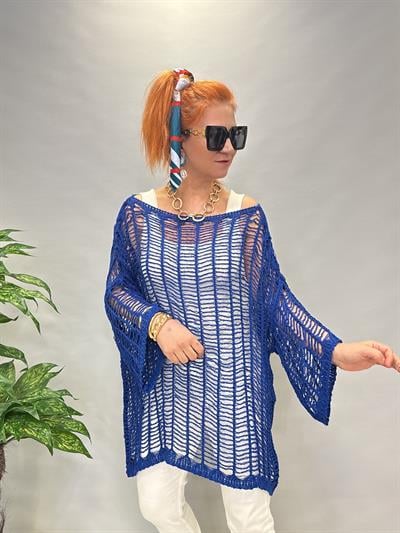 9880 TASARIM DELİKLİ MERSERİZE BLUZ SAKS MAVİ