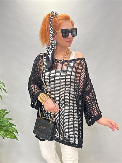 9880 TASARIM DELİKLİ MERSERİZE BLUZ SİYAH