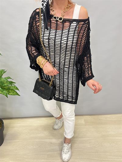 9880 TASARIM DELİKLİ MERSERİZE BLUZ SİYAH