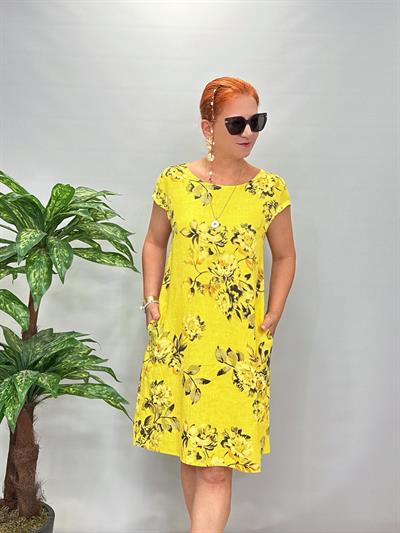 9980 Pamuk Keten Elbise Sarı
