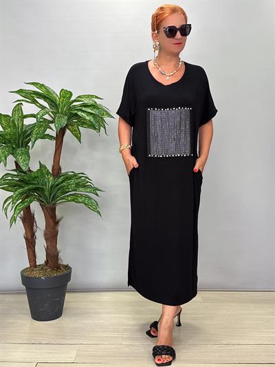 BDY 6783 Salaş Likralı Viskon Penye Elbise Siyah 