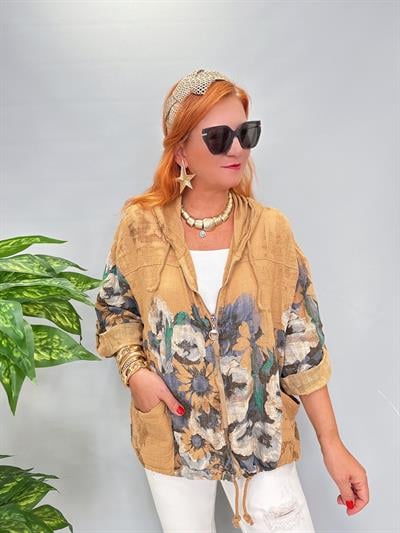 CKT 8084 Italyan Pamuklu Fermuarlı Çiçek  Desen Ceket Camel