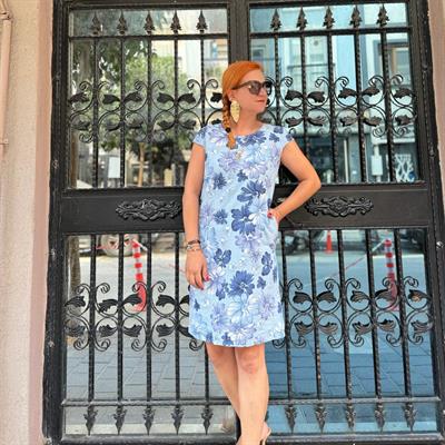 D021 PREMIUM İTALYAN PAMUK KETEN ÇİÇEK DESEN ELBİSE MAVİ boyum 1.64