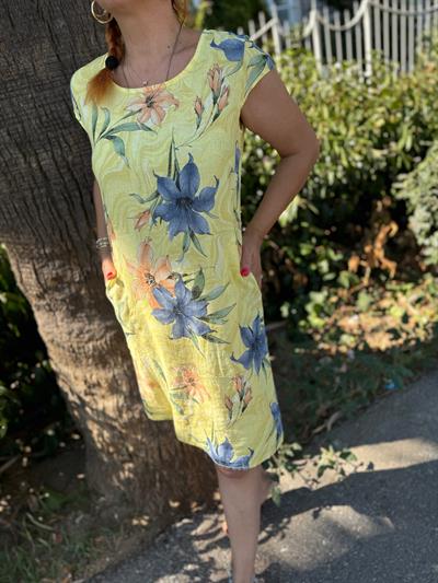 D021 PREMIUM İTALYAN PAMUK KETEN ÇİÇEKLİ ELBİSE SARI boyum 1.64