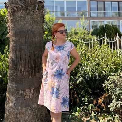 D021 PREMIUM İTALYAN  PAMUK KETEN ÇİÇEKLİ ELBİSE PEMBE boyum 1.64