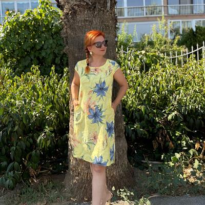 D021 PREMIUM İTALYAN PAMUK KETEN ÇİÇEKLİ ELBİSE SARI boyum 1.64