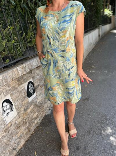 D021 PREMIUM İTALYAN PAMUK KETEN YAPRAK DESEN  ELBİSE HAKİ boyum 1.64