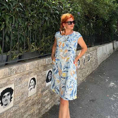 D021 PREMIUM İTALYAN  PAMUK KETEN YAPRAK DESEN ELBİSE MAVİ boyum 1.64