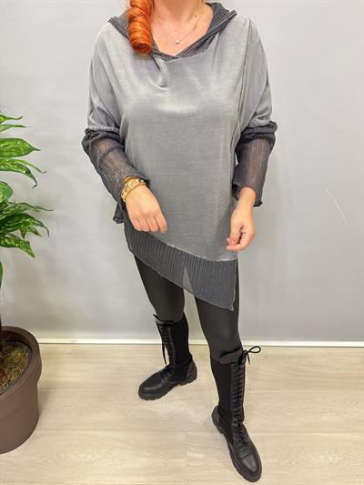 MNS 0202 FİLE DETAY ASİMETRİK  BLUZ GRİ