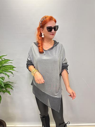 MNS 0202 FİLE DETAY ASİMETRİK  BLUZ GRİ