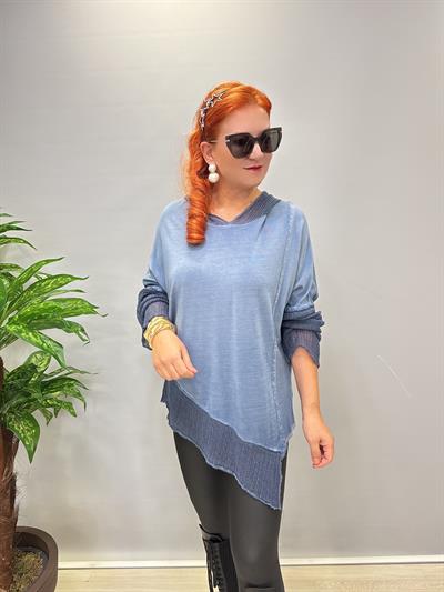 MNS 0202 FİLE DETAY ASİMETRİK  BLUZ INDİGO