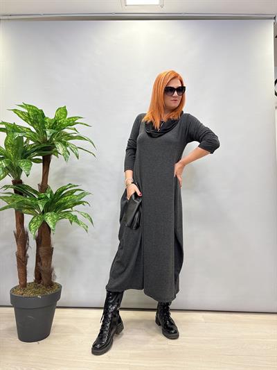 MNS 0606 DERİ DETAY ELBİSE FÜME ( DERİ YELEK HARİÇ)