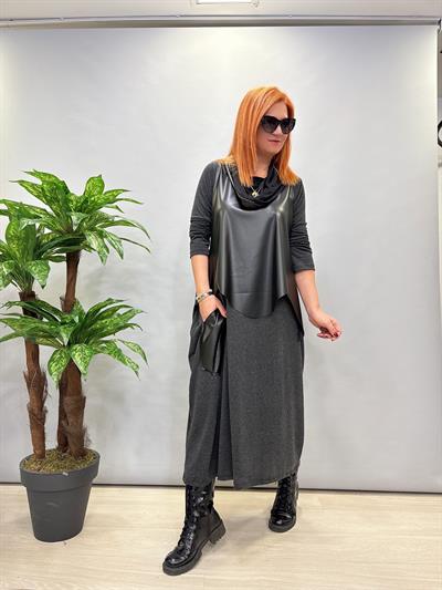 MNS 0606 DERİ DETAY ELBİSE FÜME ( DERİ YELEK HARİÇ)