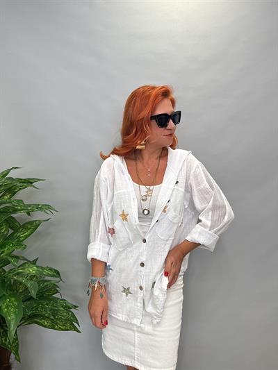 MNS 0910  FİLE DETAY YILDIZLI PAMUKLU CEKET  BEYAZ