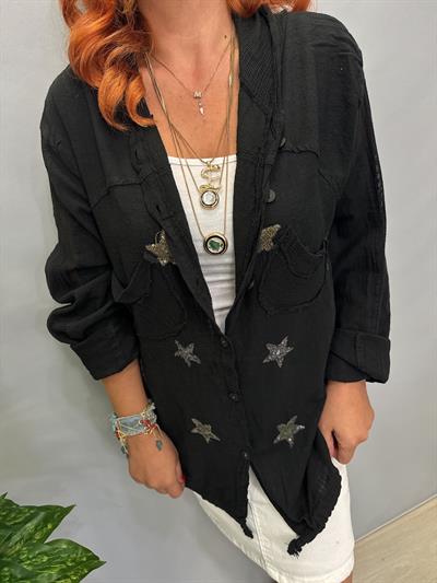MNS 0910  FİLE DETAY YILDIZLI PAMUKLU CEKET  SİYAH