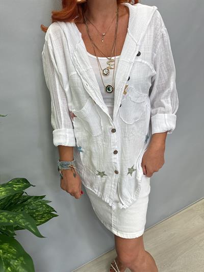 MNS 0910  FİLE DETAY YILDIZLI PAMUKLU CEKET  BEYAZ